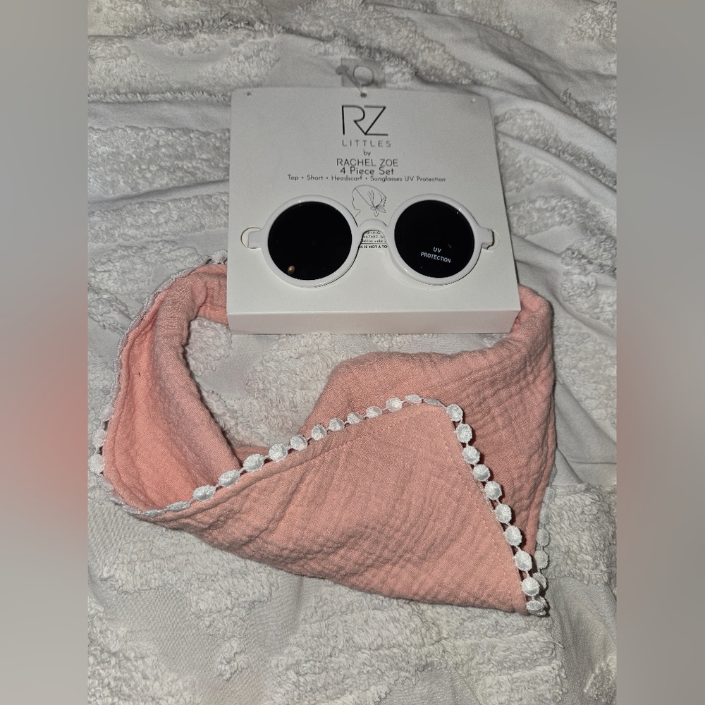 Rachel Zoe Pink Headscarf with White Pom Pom Trim And White Frame Sunglasses - Picture 2 of 5